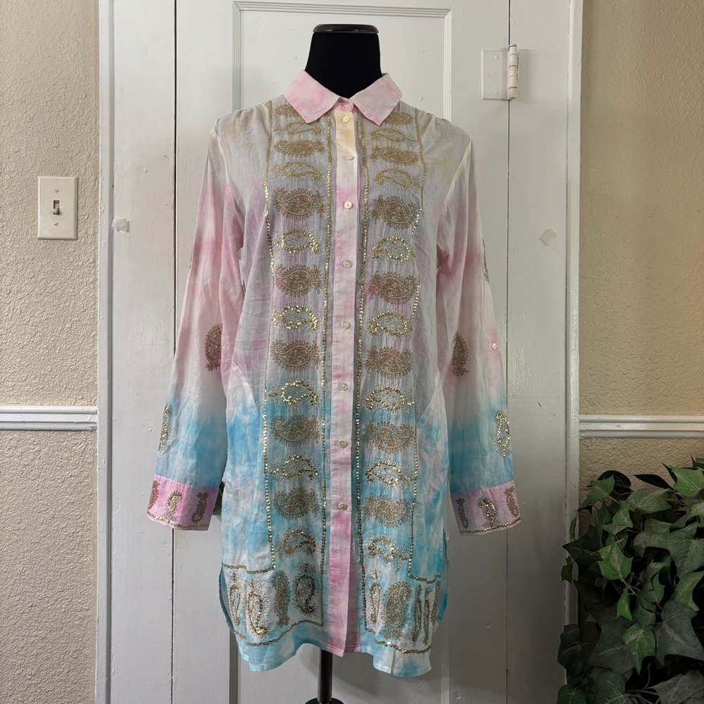 Soft Surroundings Pastel Tie Dye Embroidered w/Paisley Gold Sequins